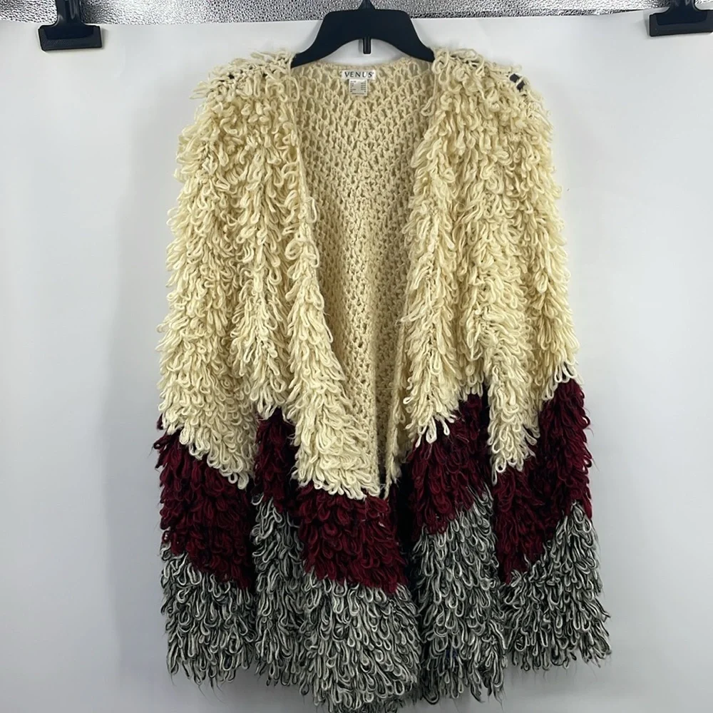 Venus Cream Burgundy Gray Shaggy Loop Knit Cardigan Sweater Size Large